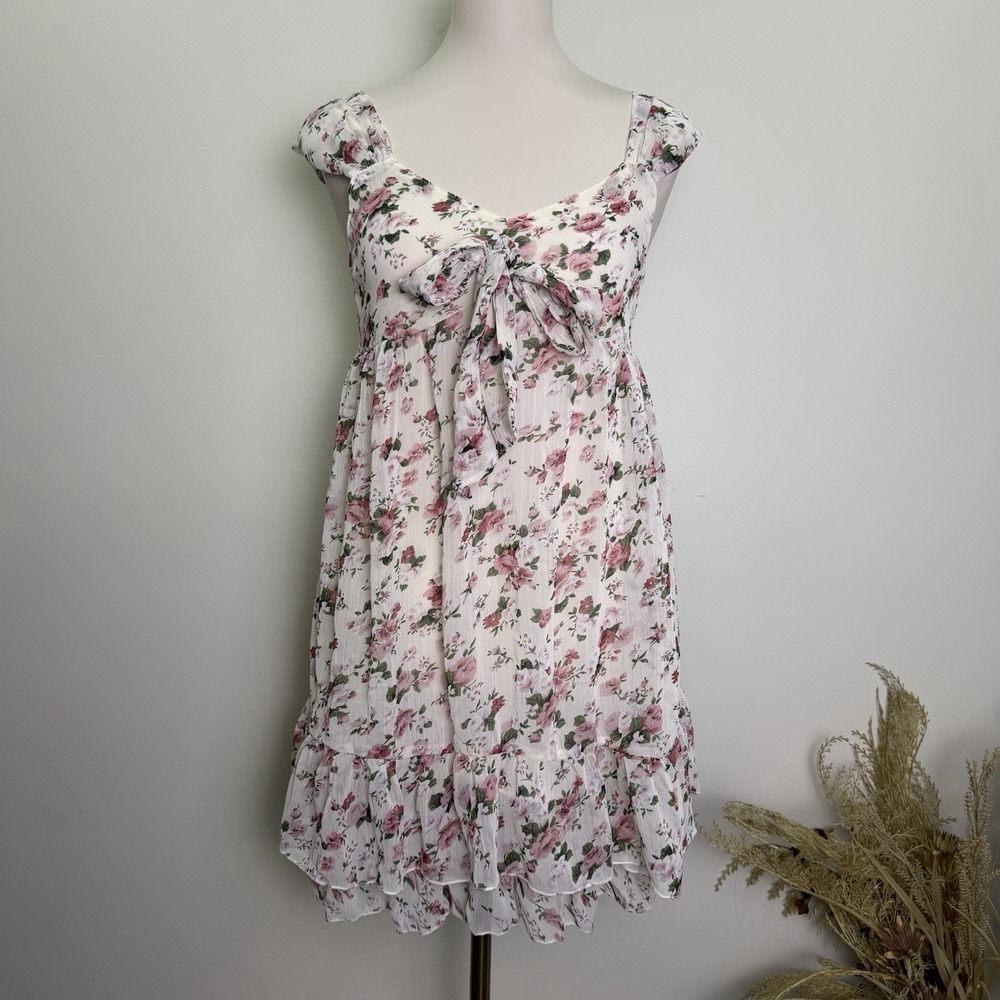 Phrygia Mini Dress Size Small Floral Sweetheart Tie-Front Mini Dress Cream Pink